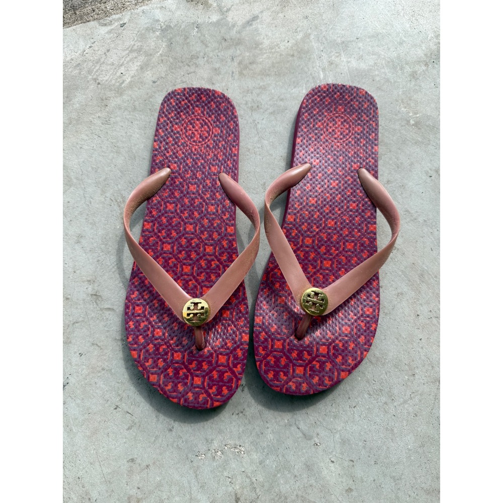 Tory Burch Flip Flops Sandals Red Purple Logo Medallion Beach Pool Slides - Picture 4 of 5